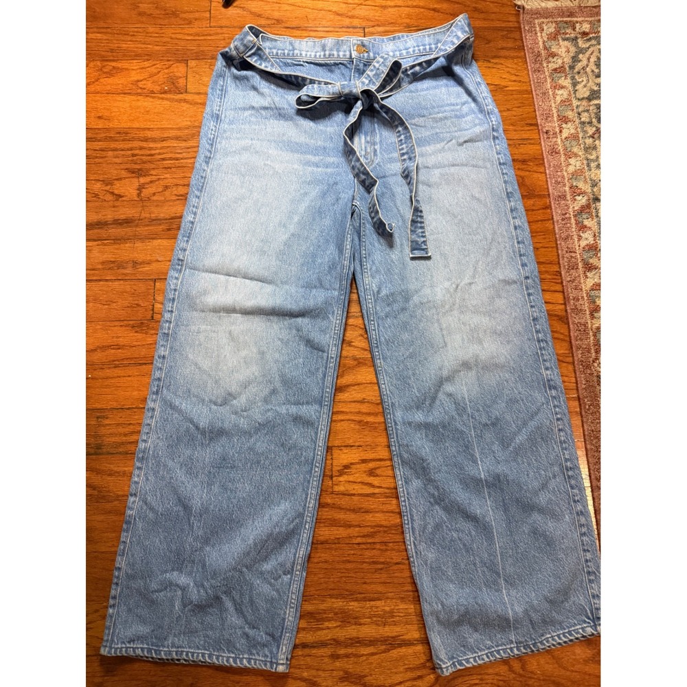 MOTHER The Pigskin Wide Leg Jeans Stone Blue High Rise Tie Waist